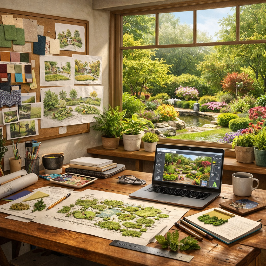 A serene landscape design studio is depicted with large windows allowing natural light to pour in The walls are adorned with sketches and vibrant imag