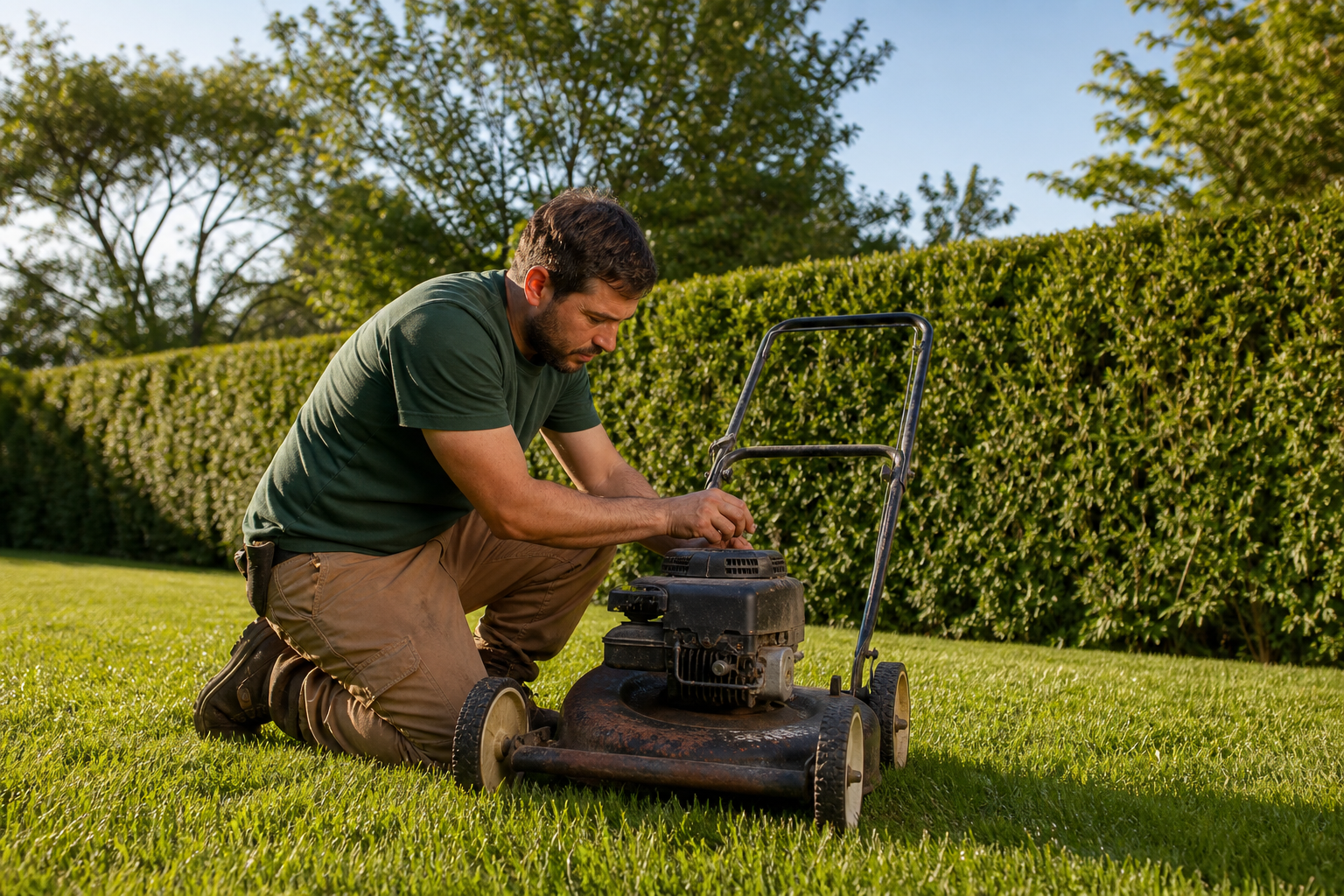 Lawn Worker Maintains Yard with Hedge Background