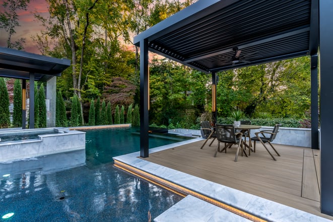 Sunken decking in pool with smart pergola